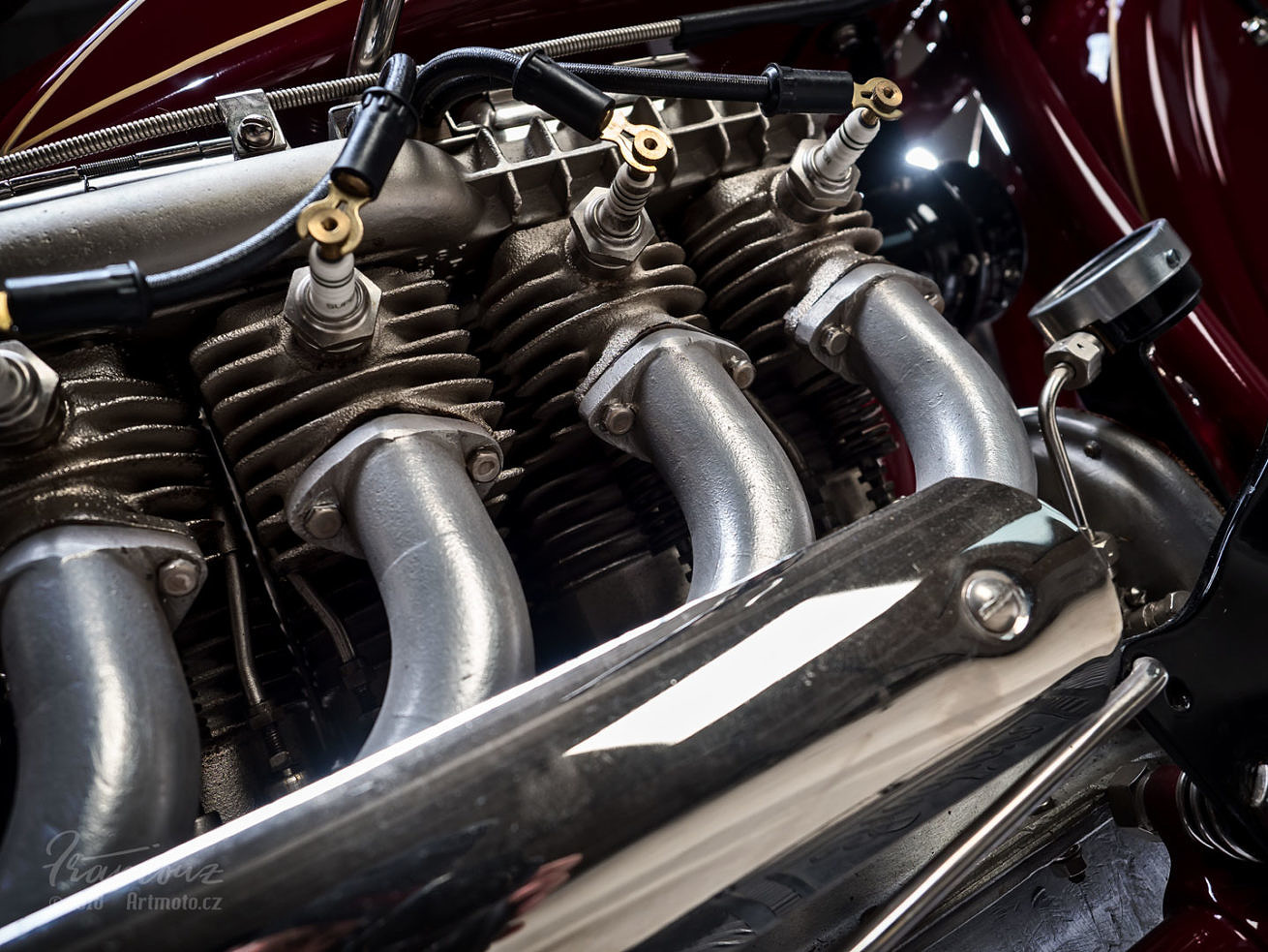 view from beneath of Indian Four cylinder engine 1930