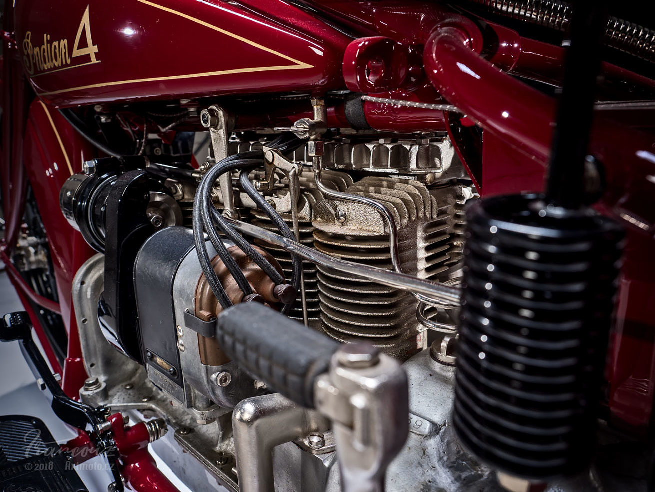 Detail view of left side engine vintage Indian Four 1930