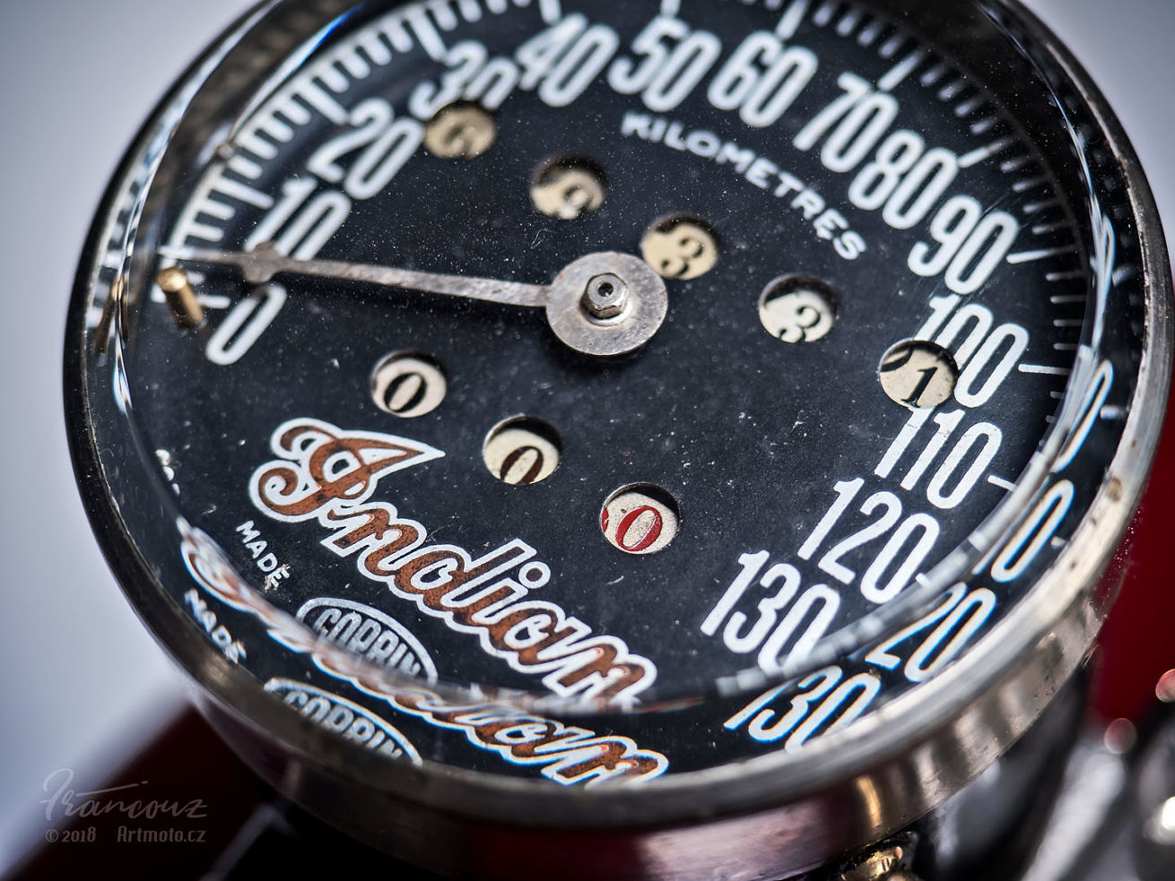 Deatils close up photo of tachometer of vintage Indian Four 1930
